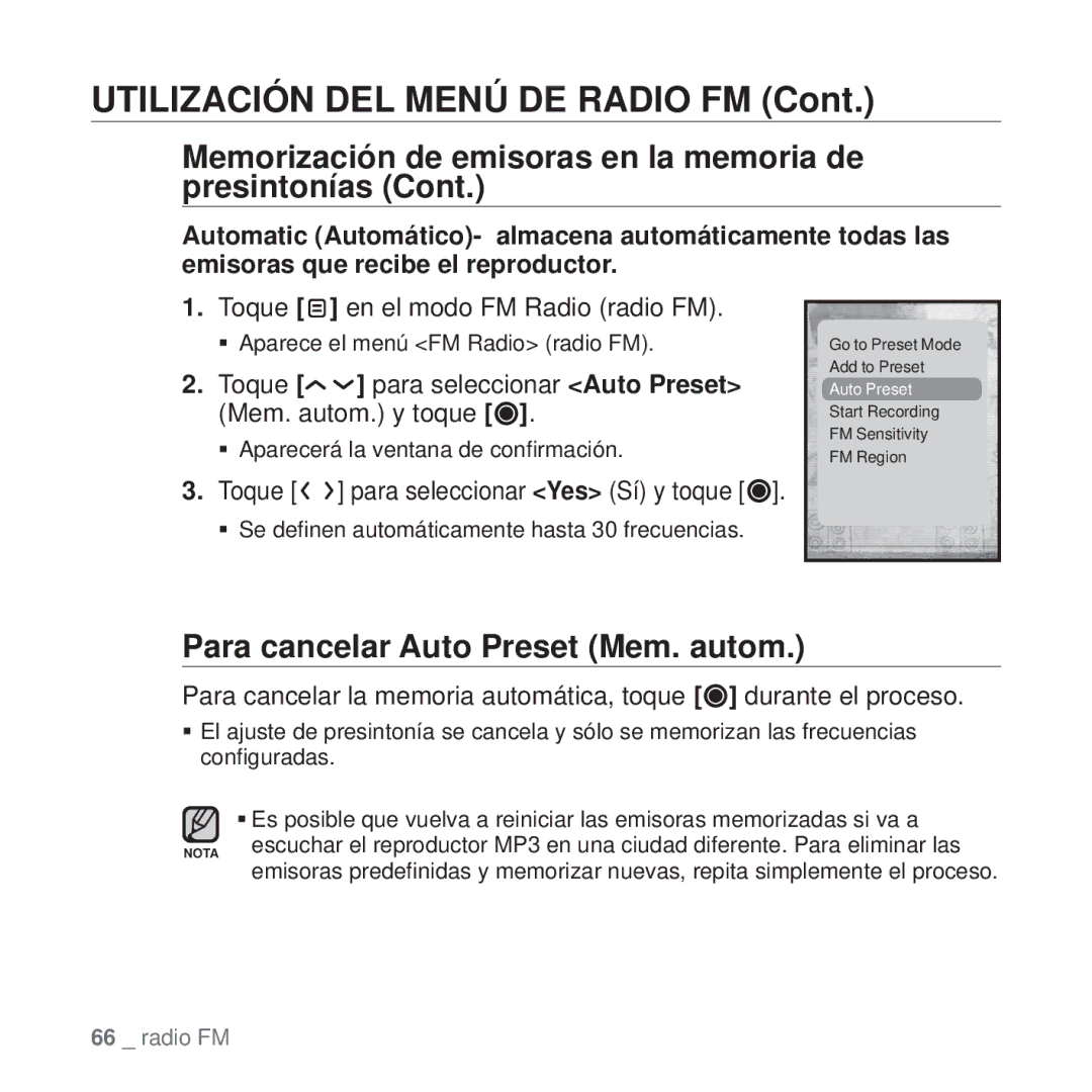 Samsung YP-T10JAR/XEO, YP-T10JQW/XET manual Para cancelar Auto Preset Mem. autom, Toque en el modo FM Radio radio FM 