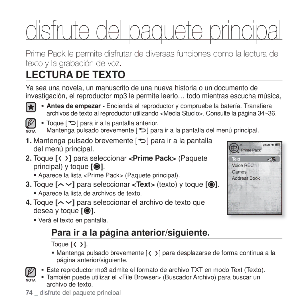 Samsung YP-T10JAW/XET Lectura DE Texto, Para ir a la página anterior/siguiente, Toque para seleccionar Text texto y toque 