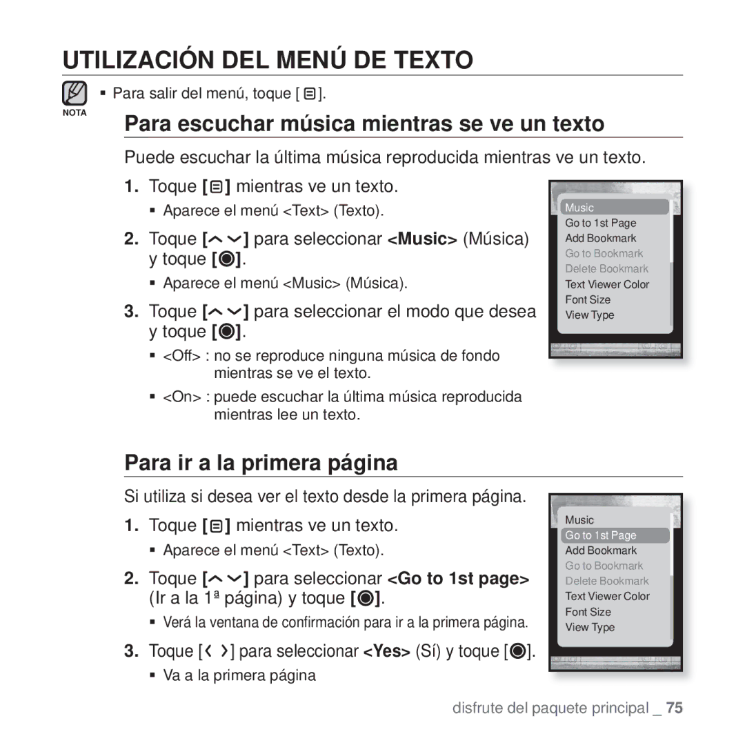 Samsung YP-T10JQR/XET, YP-T10JQW/XET manual Utilización DEL Menú DE Texto, Para escuchar música mientras se ve un texto 