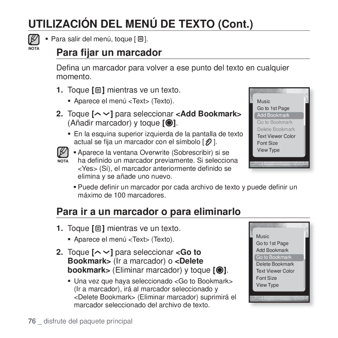 Samsung YP-T10JQBH/XET, YP-T10JQW/XET, YP-T10JAB/XET Utilización DEL Menú DE Texto, Para ir a un marcador o para eliminarlo 