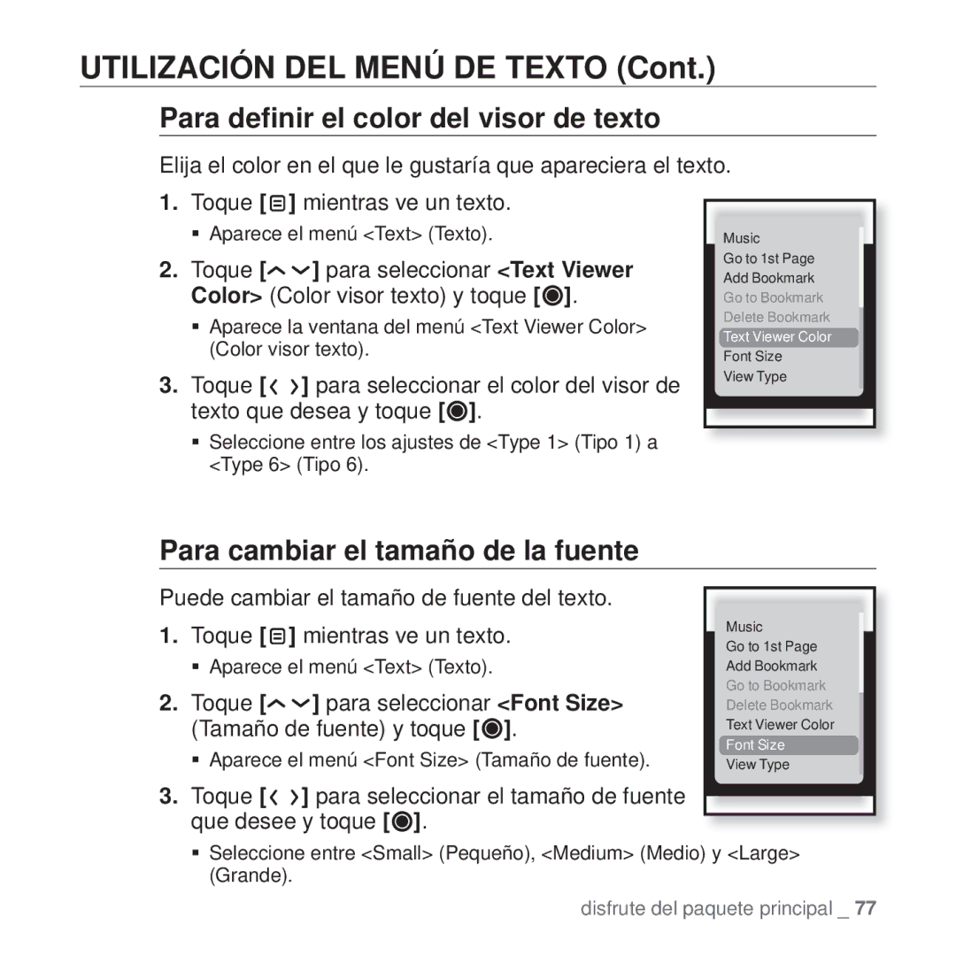 Samsung YP-T10JCB/XET, YP-T10JQW/XET manual Para deﬁnir el color del visor de texto, Para cambiar el tamaño de la fuente 