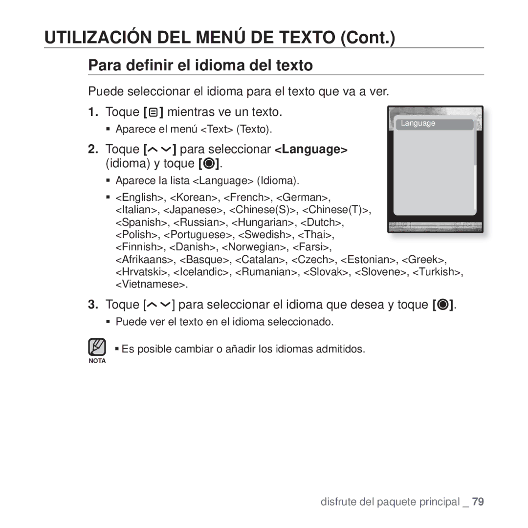 Samsung YP-T10JQB/XET, YP-T10JQW/XET manual Para deﬁnir el idioma del texto, Toque para seleccionar Language idioma y toque 