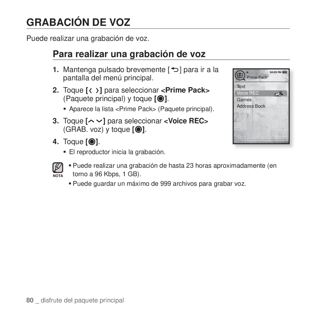 Samsung YP-T10JQU/XEO manual Grabación DE VOZ, Para realizar una grabación de voz, Puede realizar una grabación de voz 