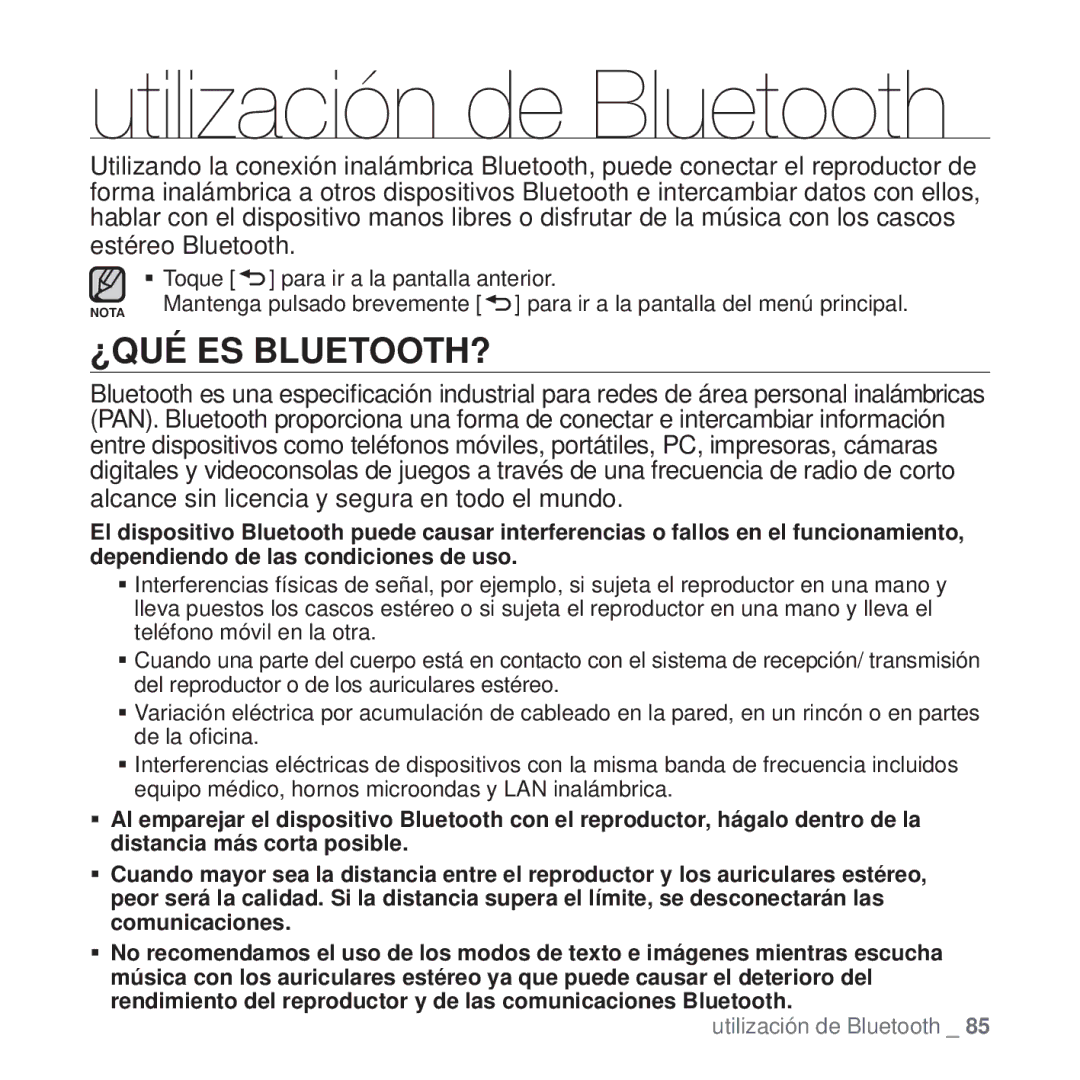 Samsung YP-T10JAB/XEO, YP-T10JQW/XET, YP-T10JAB/XET, YP-T10JAW/XET manual Utilización de Bluetooth, ¿Qué Es Bluetooth? 