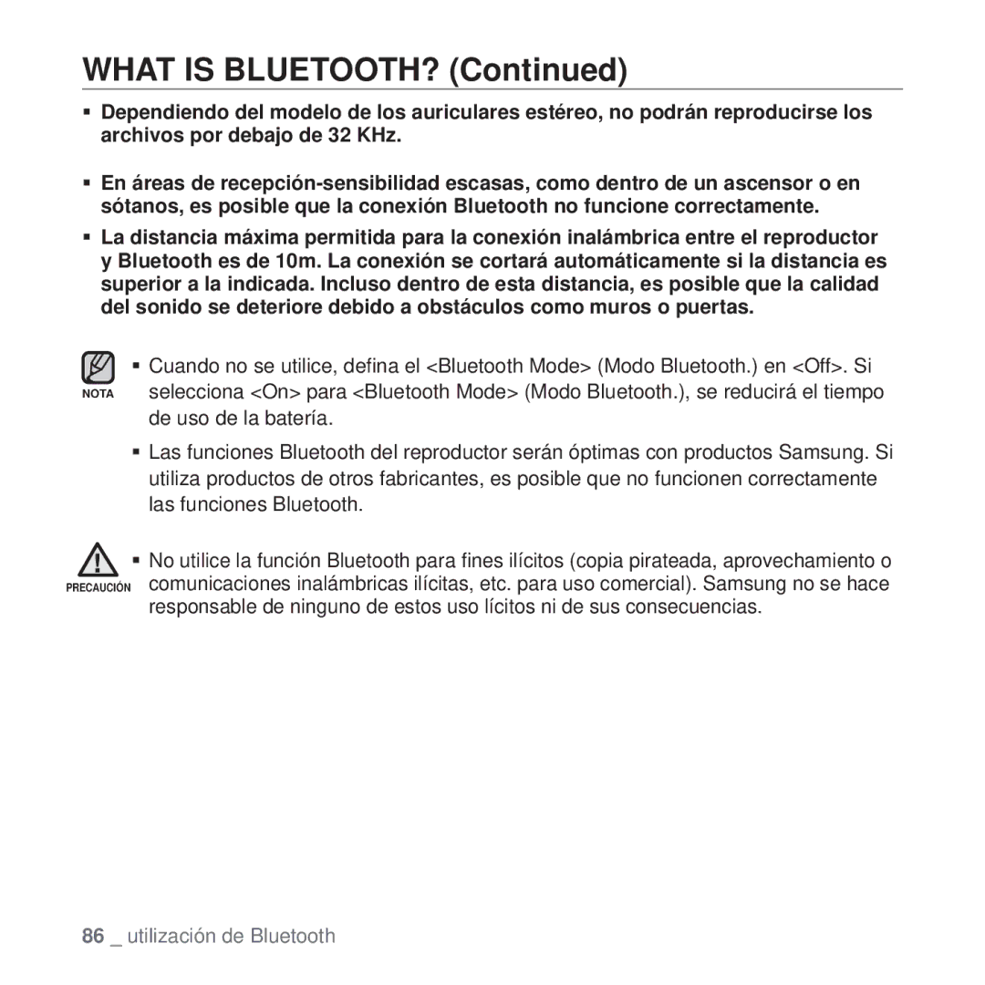 Samsung YP-T10JAW/XEO, YP-T10JQW/XET, YP-T10JAB/XET, YP-T10JAW/XET, YP-T10JQR/XET, YP-T10JQBH/XET manual What is BLUETOOTH? 