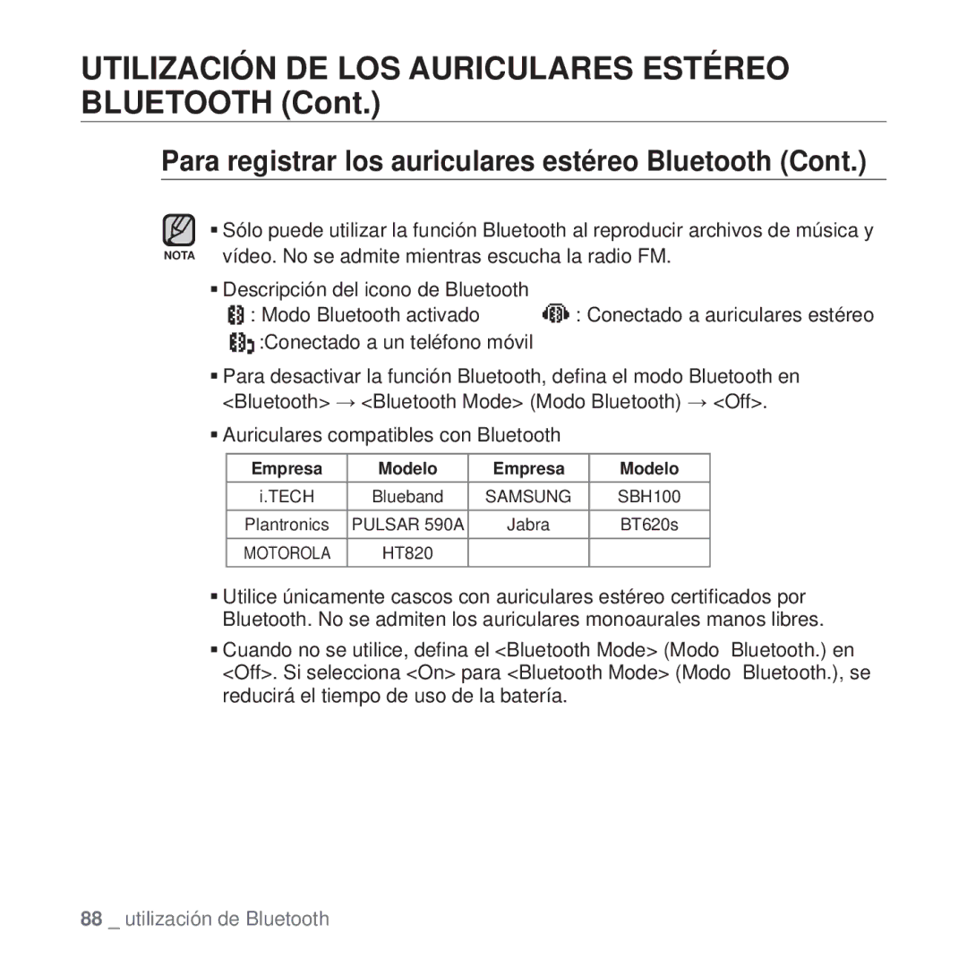 Samsung YP-T10JQR/XEO, YP-T10JQW/XET, YP-T10JAB/XET, YP-T10JAW/XET manual Utilización DE LOS Auriculares Estéreo Bluetooth 