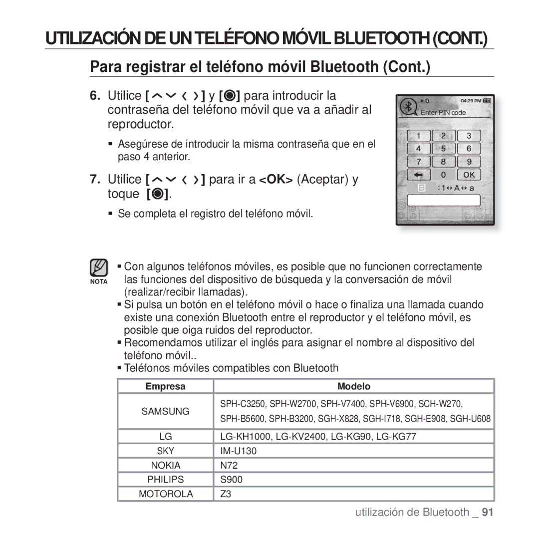 Samsung YP-T10JAB/XET, YP-T10JQW/XET manual Utilización DE UN Teléfono Móvilbluetooth, Utilice para ir a OK Aceptar y toque 