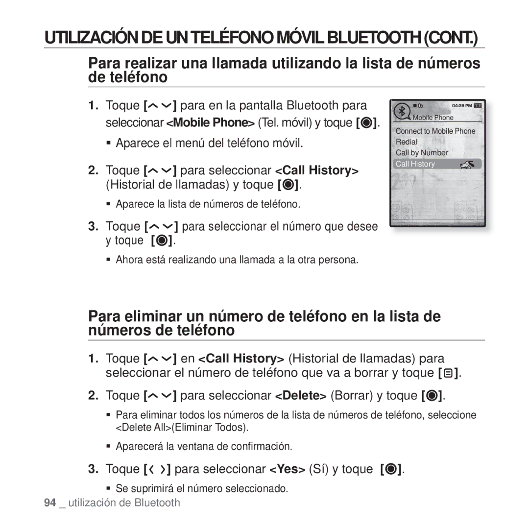 Samsung YP-T10JQBH/XET manual Toque para seleccionar el número que desee y toque, Toque para seleccionar Yes Sí y toque 