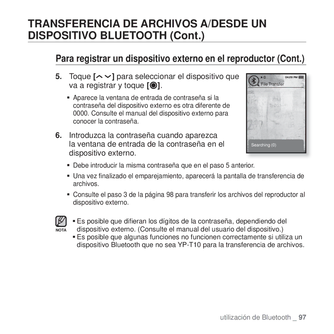 Samsung YP-T10JQB/XET, YP-T10JQW/XET, YP-T10JAB/XET manual Transferencia DE Archivos A/DESDE UN Dispositivo Bluetooth 