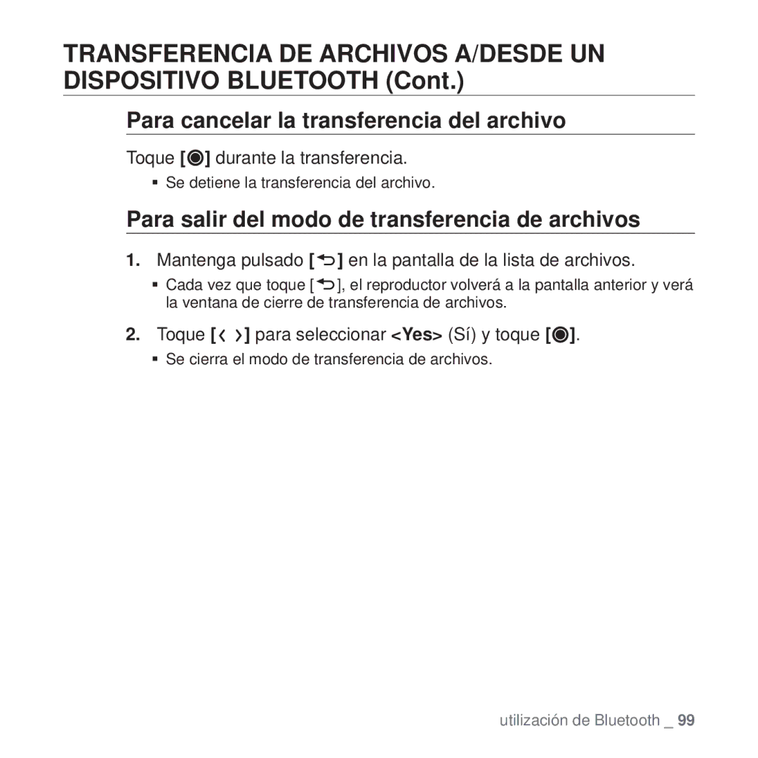 Samsung YP-T10JQW/XEO manual Para cancelar la transferencia del archivo, Para salir del modo de transferencia de archivos 