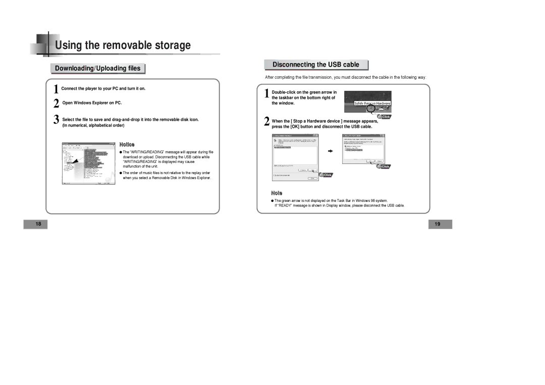 Samsung YP-T4 V, YP-T4 H manual Downloading/Uploading files, Disconnecting the USB cable 