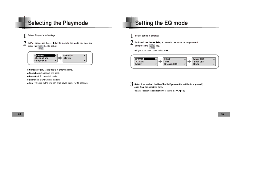 Samsung YP-T4 H, YP-T4 V manual Selecting the Playmode, Setting the EQ mode 