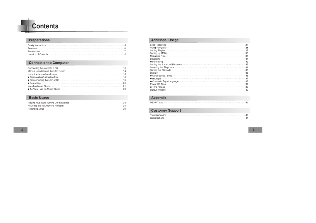 Samsung YP-T4 H, YP-T4 V manual Contents 