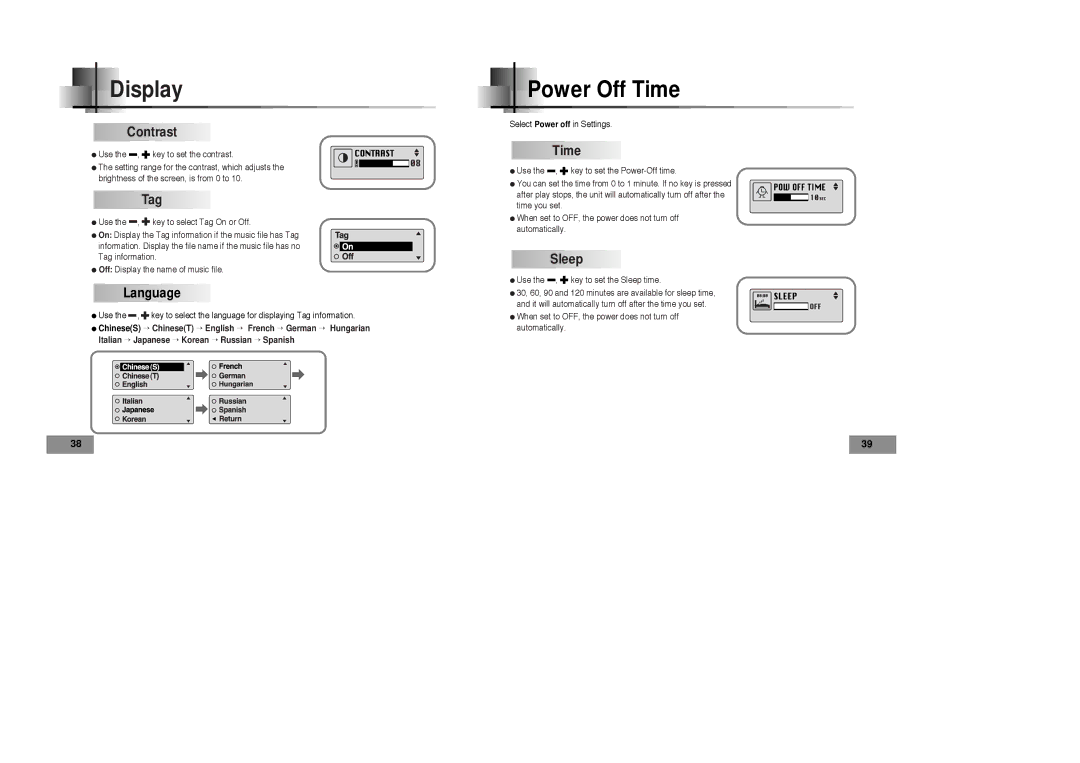 Samsung YP-T4 H, YP-T4 V manual Power Off Time, Contrast, Tag, Language, Sleep 