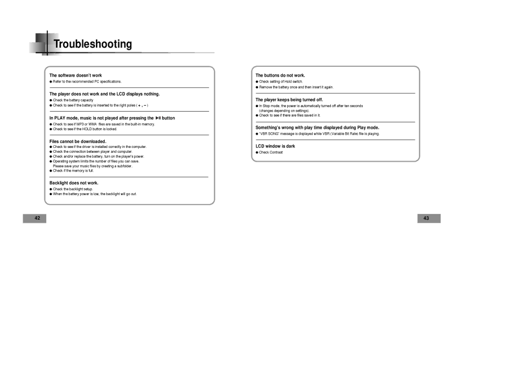 Samsung YP-T4 V, YP-T4 H manual Troubleshooting, Play mode, music is not played after pressing the button 