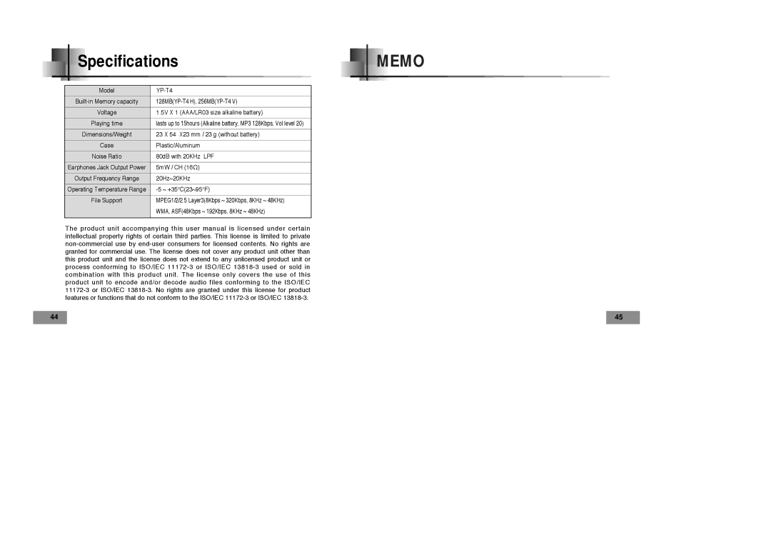 Samsung YP-T4 H, YP-T4 V manual Specifications 