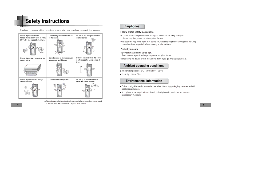 Samsung YP-T4 H, YP-T4 V manual Safety Instructions, Earphones, Ambient operating conditions, Environmental Information 