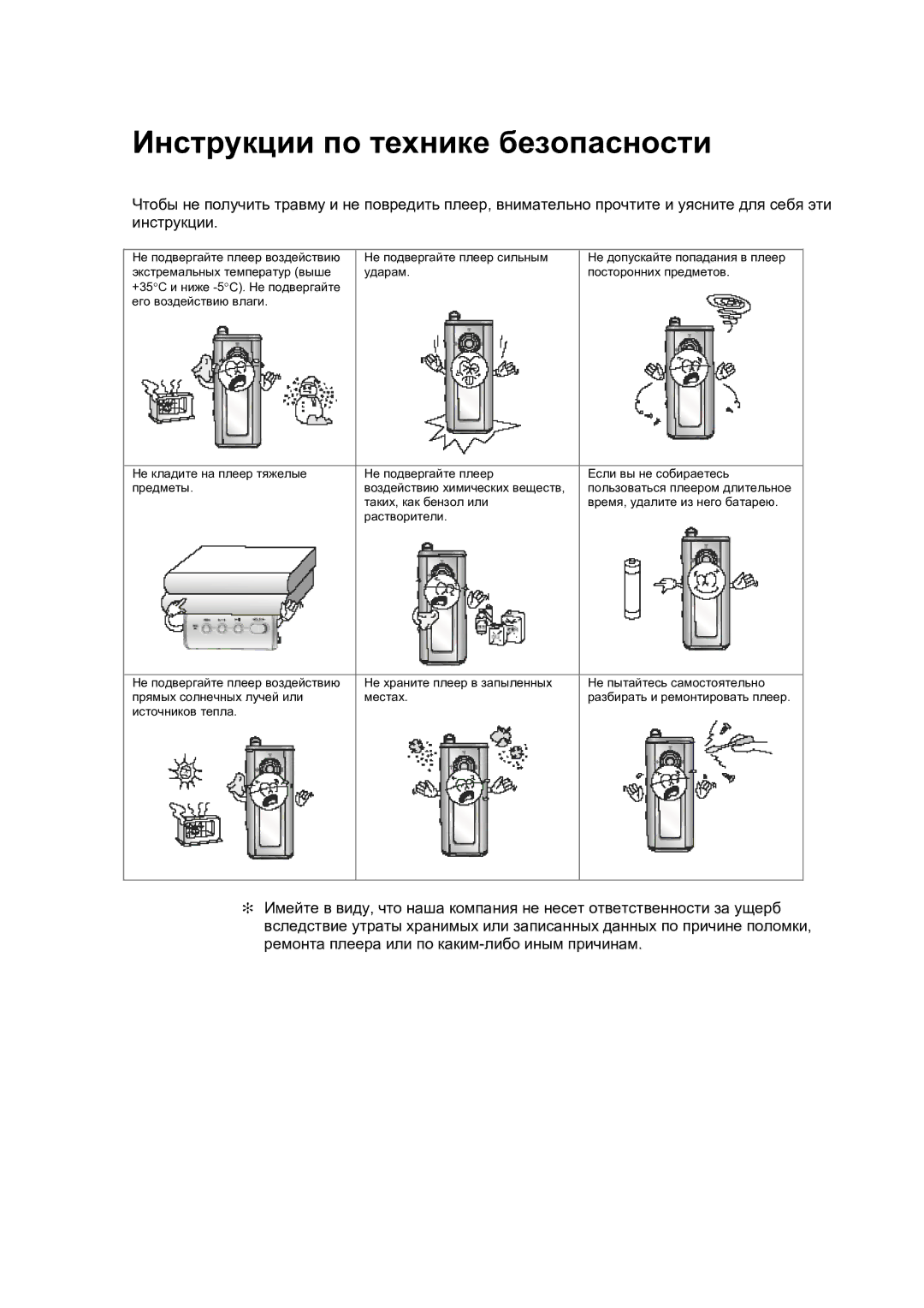 Samsung YP-T4H/XFO manual Инструкции по технике безопасности 