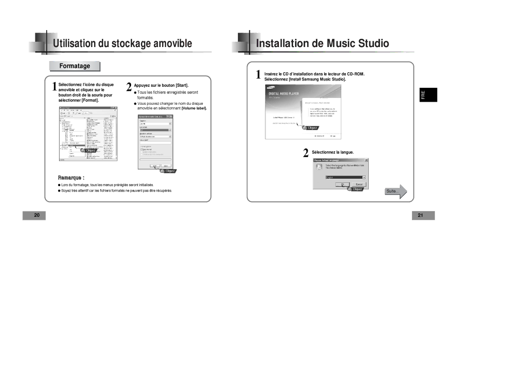 Samsung YP-T4V/ELS, YP-T4VB/ELS manual Installation de Music Studio, Formatage 