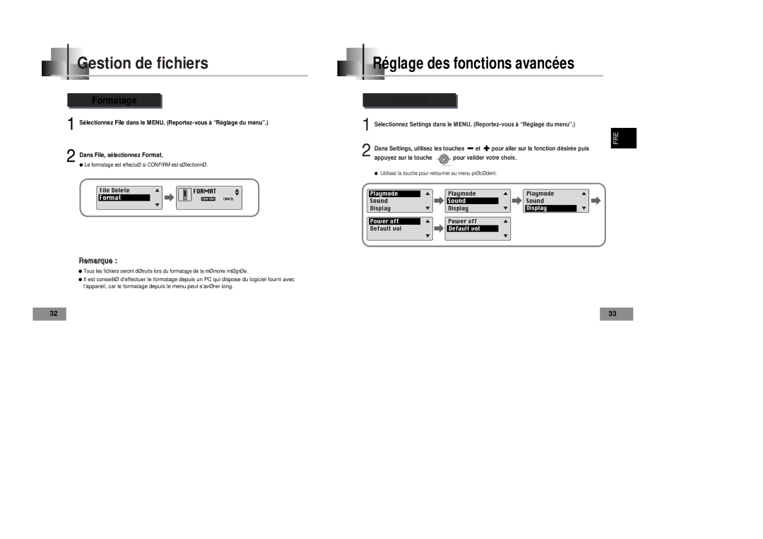 Samsung YP-T4V/ELS, YP-T4VB/ELS manual Gestion de fichiers, Settings 