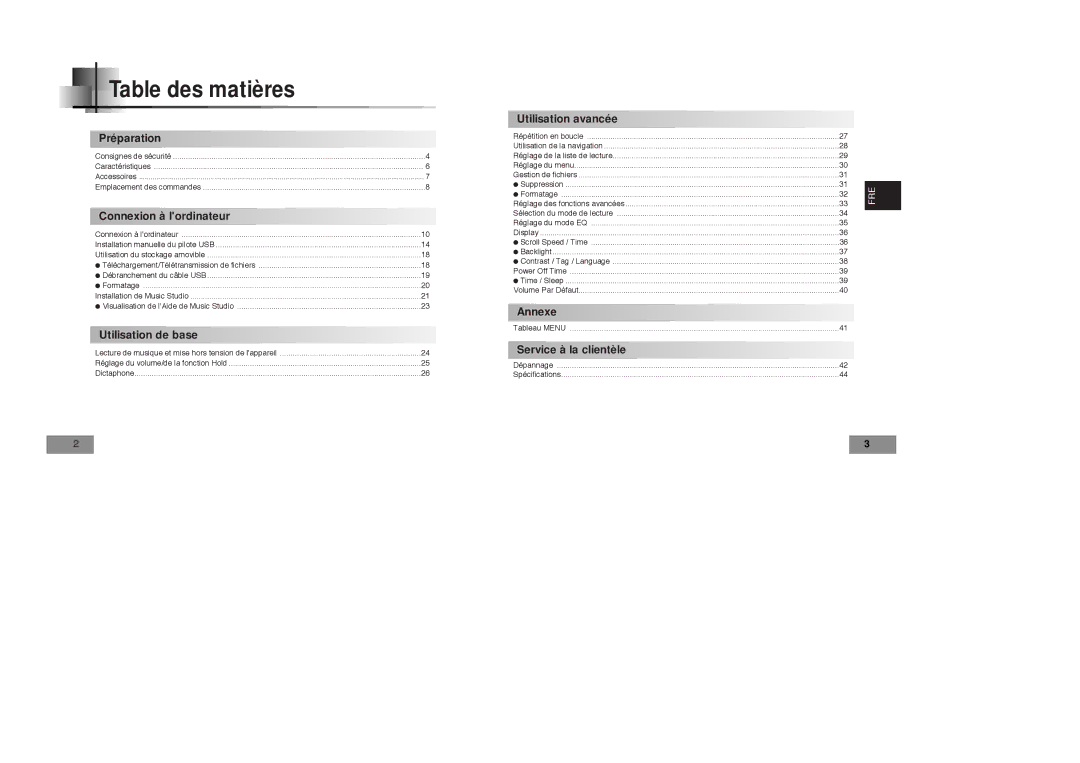 Samsung YP-T4VB/ELS, YP-T4V/ELS manual Table des matières, Connexion à lordinateur 