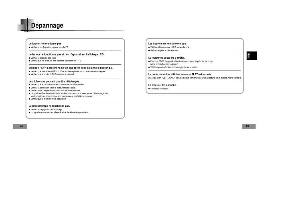 Samsung YP-T4VB/ELS, YP-T4V/ELS manual Dépannage, Les fichiers ne peuvent pas étre téléchargés 