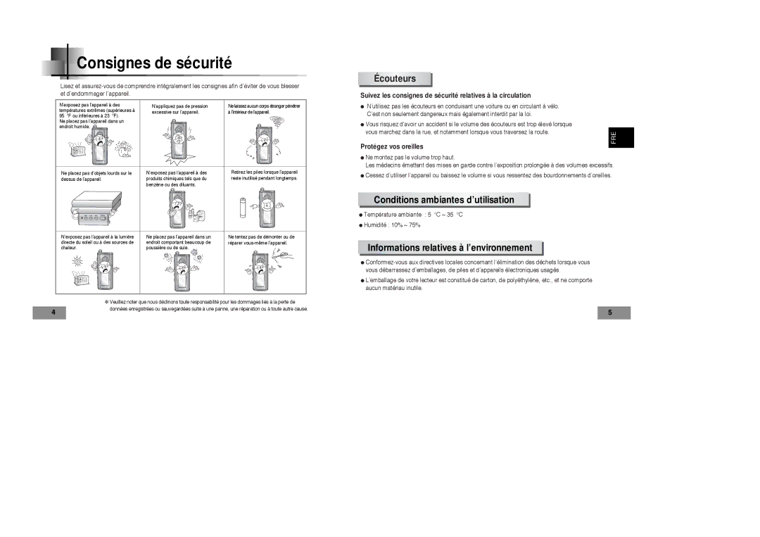 Samsung YP-T4V/ELS, YP-T4VB/ELS manual Consignes de sécurité, Écouteurs, Conditions ambiantes d’utilisation 