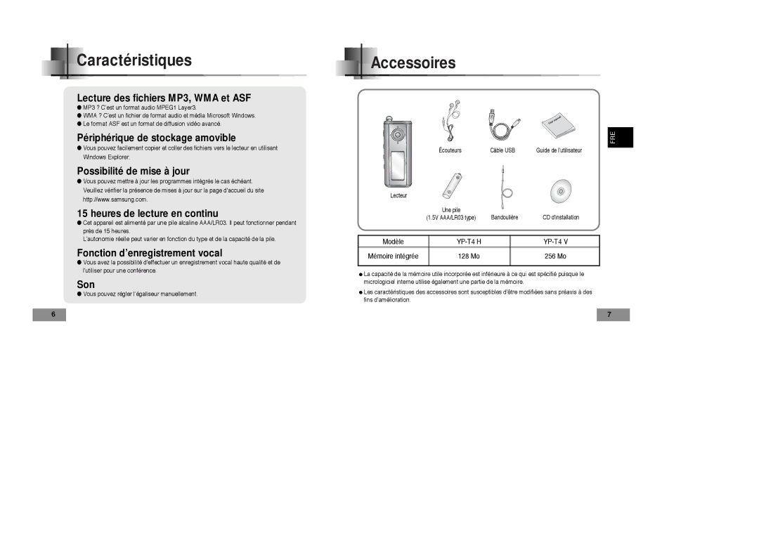 Samsung YP-T4VB/ELS, YP-T4V/ELS manual Caractéristiques, Accessoires 