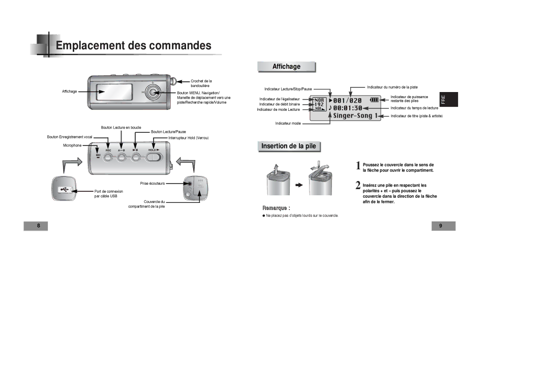 Samsung YP-T4V/ELS, YP-T4VB/ELS manual Emplacement des commandes, Affichage, Insertion de la pile 