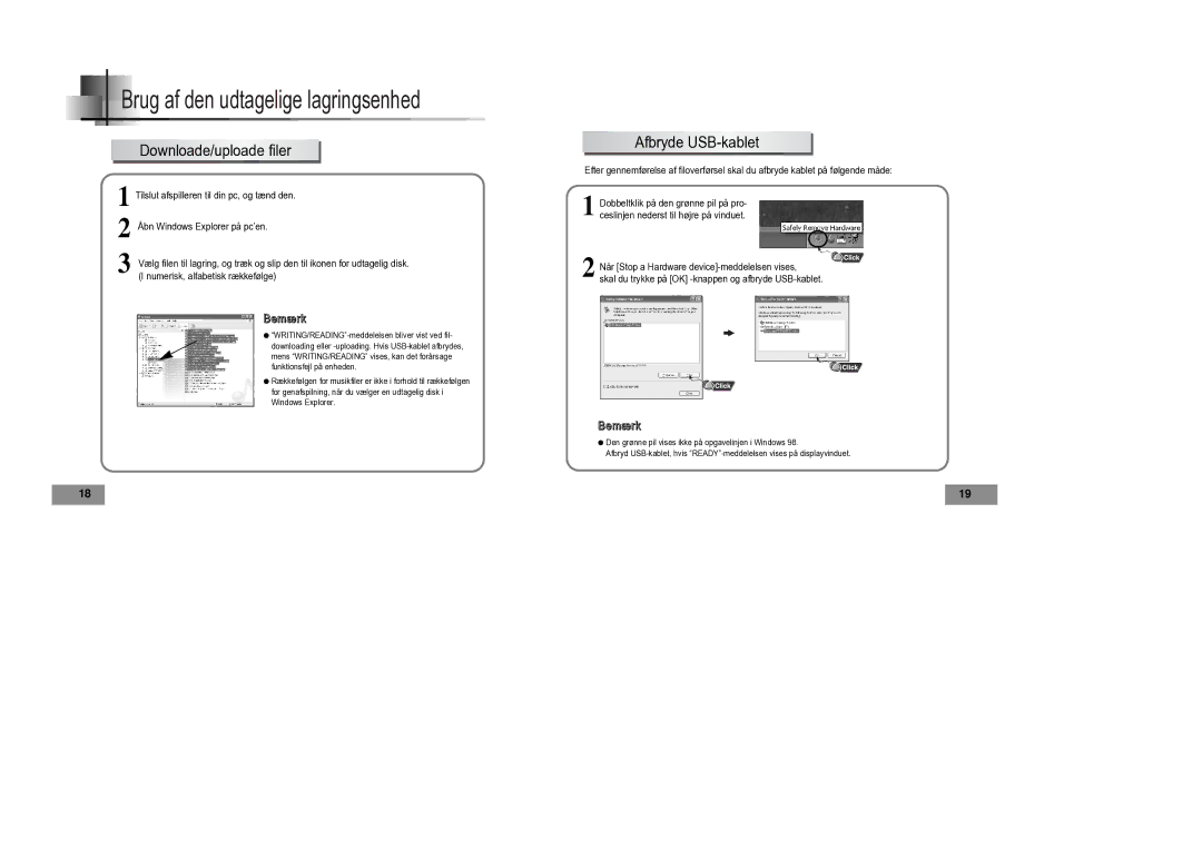 Samsung YP-T4V/ELS manual Downloade/uploade filer, Afbryde USB-kablet 