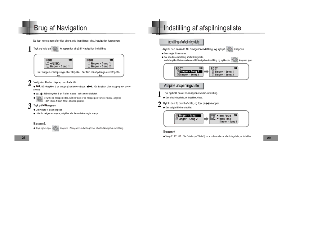 Samsung YP-T4V/ELS manual Brug af Navigation, Indstilling af afspilningsliste, Afspille afspilningsliste 