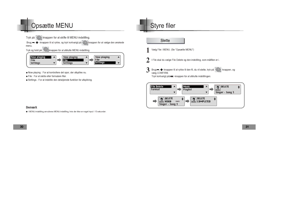 Samsung YP-T4V/ELS manual Opsætte Menu, Styre filer, Slette 