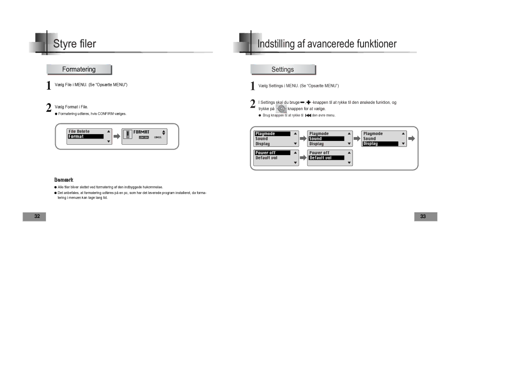 Samsung YP-T4V/ELS manual Indstilling af avancerede funktioner, Settings 