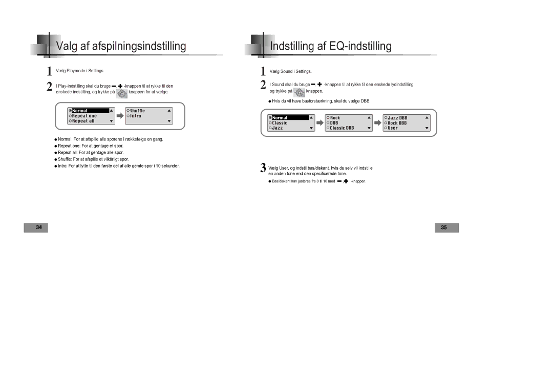 Samsung YP-T4V/ELS manual Valg af afspilningsindstilling, Indstilling af EQ-indstilling 