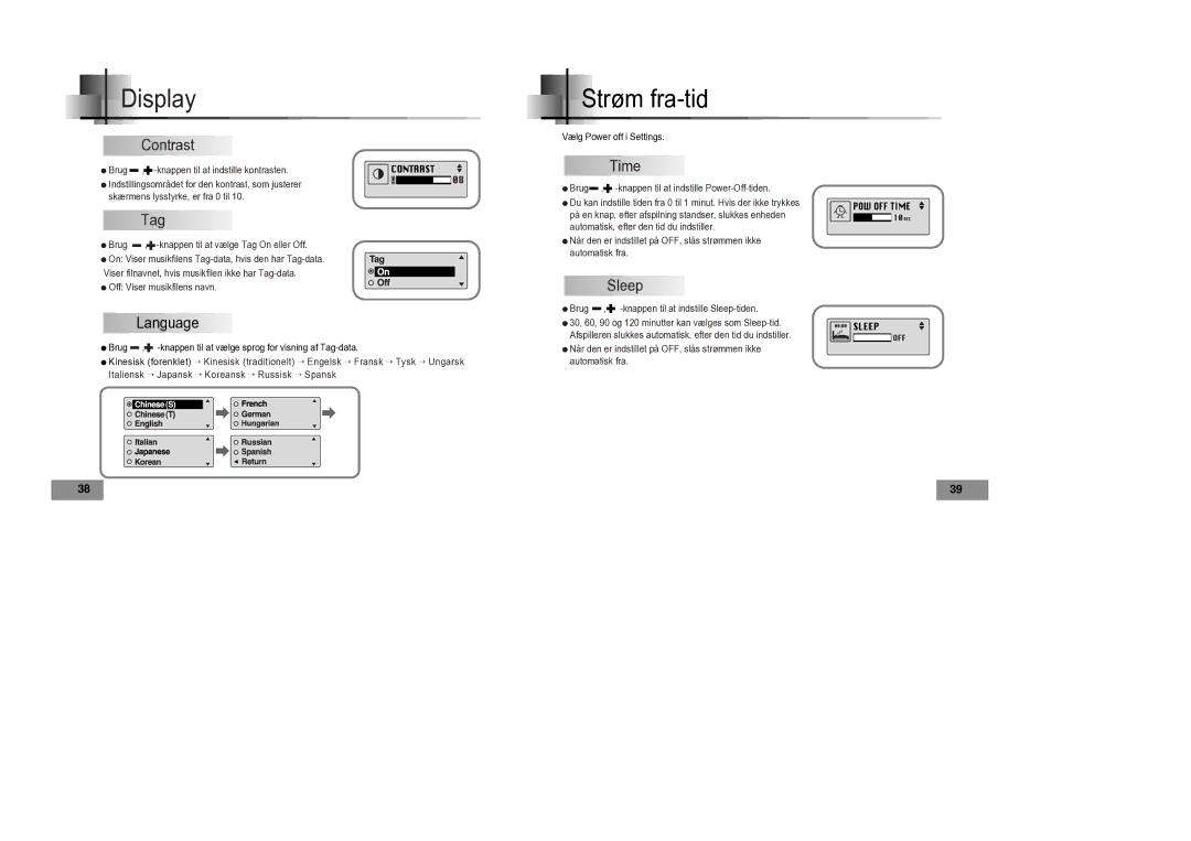 Samsung YP-T4V/ELS manual Strøm fra-tid, Contrast, Tag, Language, Sleep 