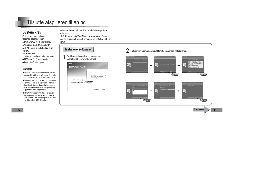 Samsung YP-T4V/ELS manual Tilslutte afspilleren til en pc, Installere software 