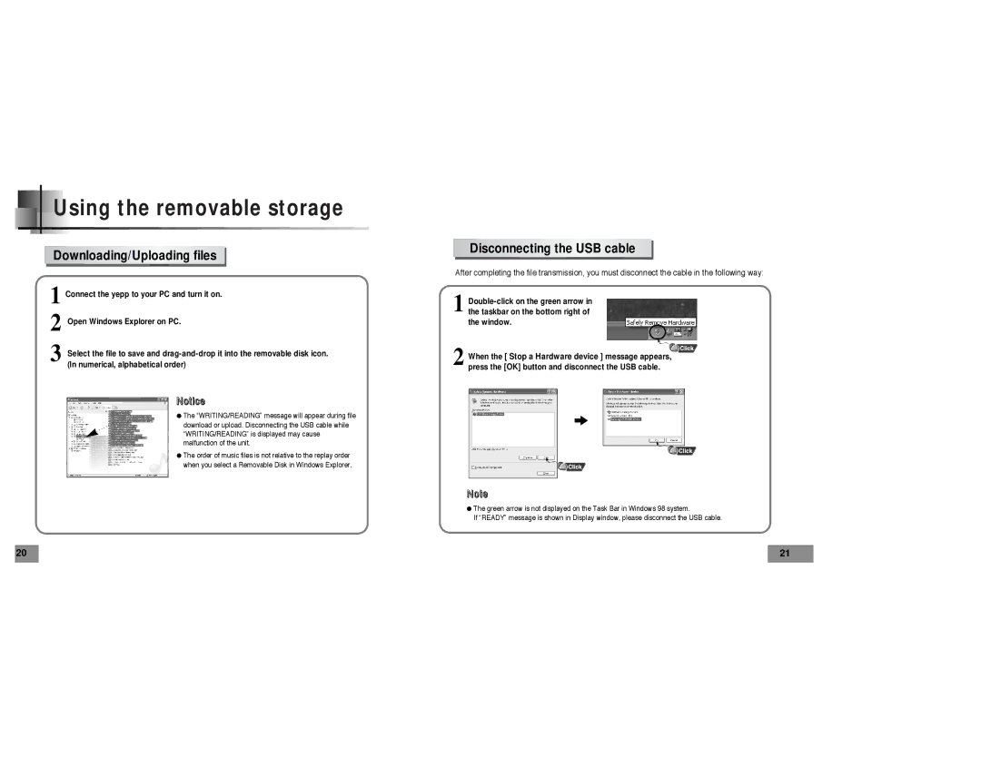 Samsung YP-T5 manual Downloading/Uploading files, Disconnecting the USB cable 