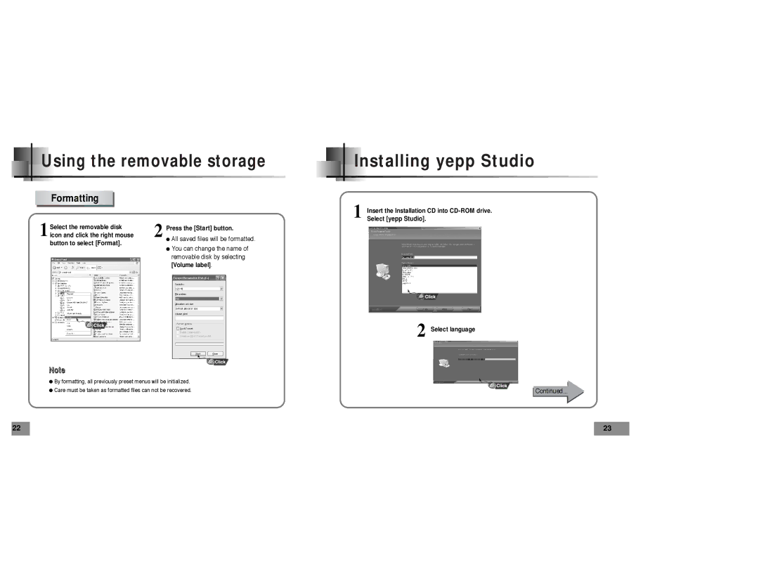 Samsung YP-T5 manual Installing yepp Studio, Formatting 