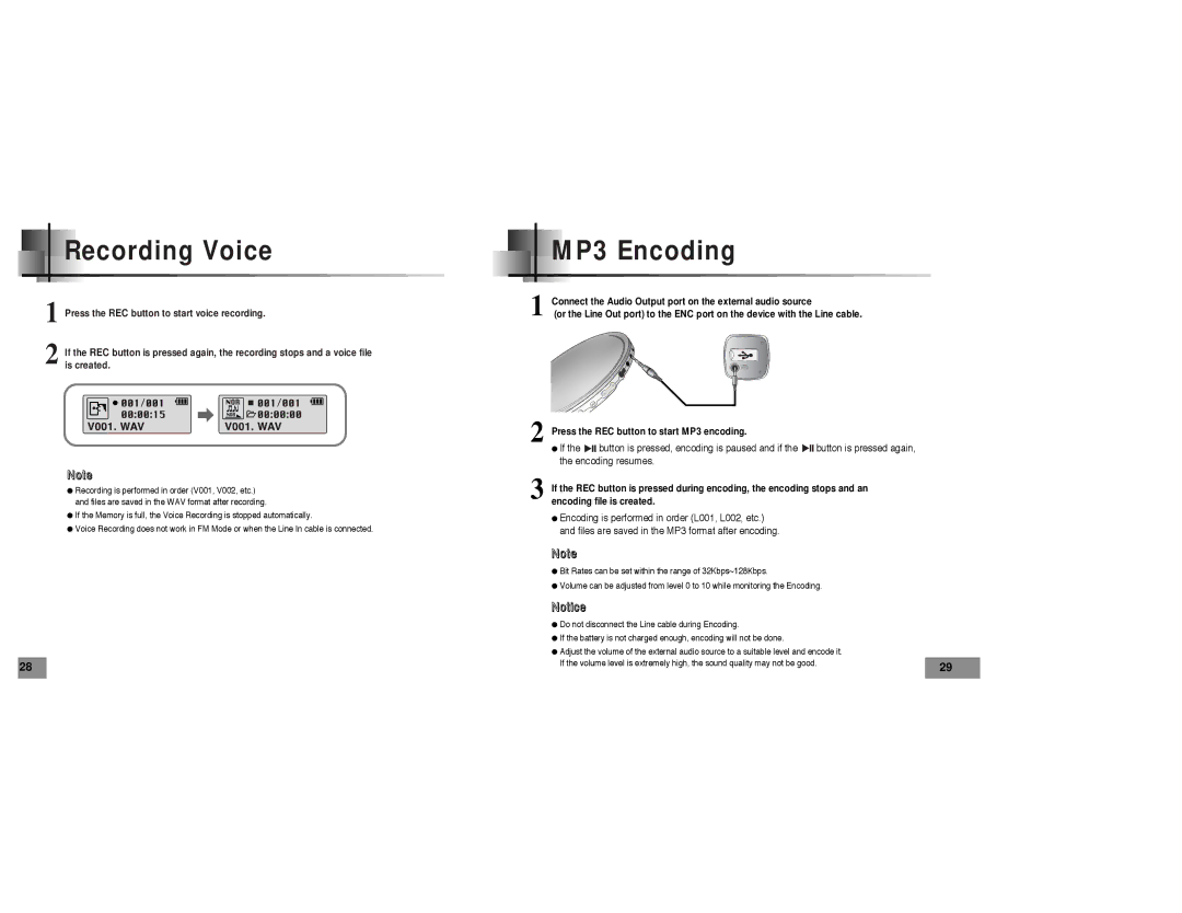 Samsung YP-T5 manual Recording Voice, MP3 Encoding 