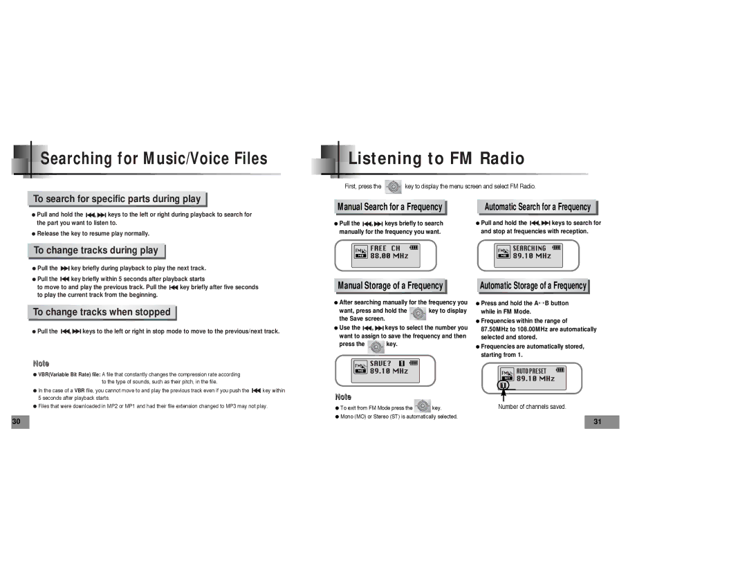 Samsung YP-T5 manual Listening to FM Radio, To search for specific parts during play, To change tracks during play 