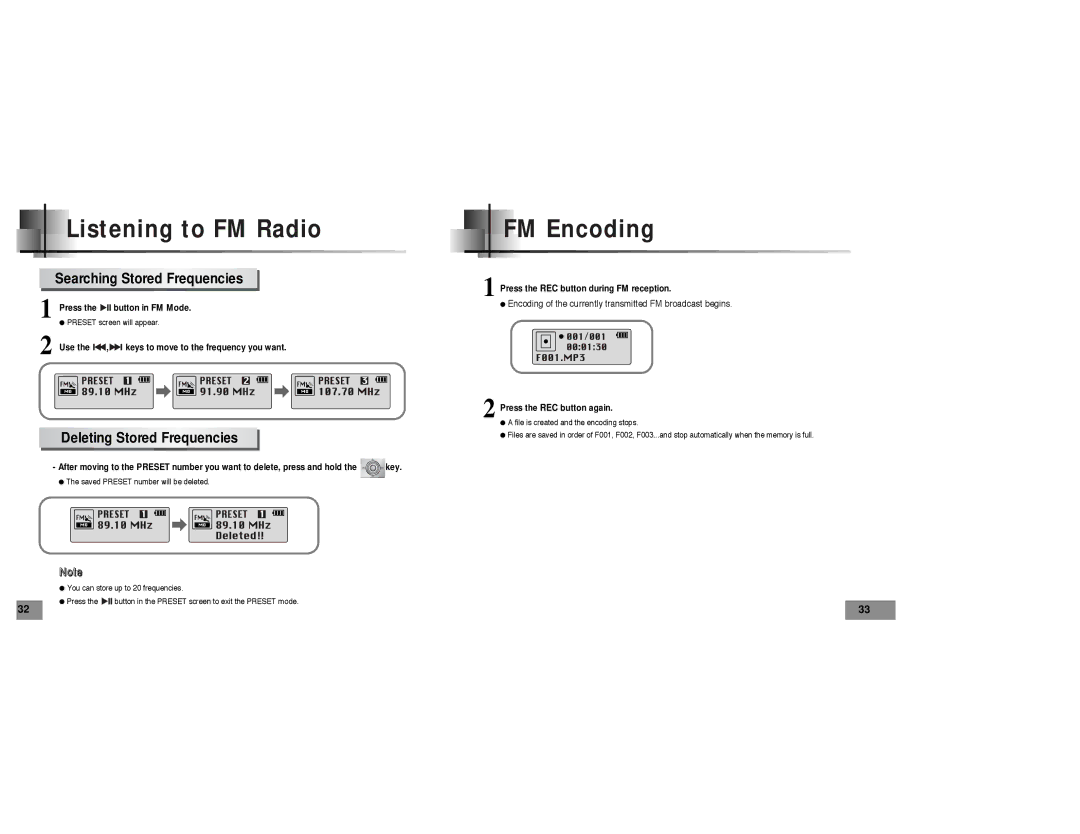 Samsung YP-T5 manual FM Encoding, Searching Stored Frequencies, Deleting Stored Frequencies 