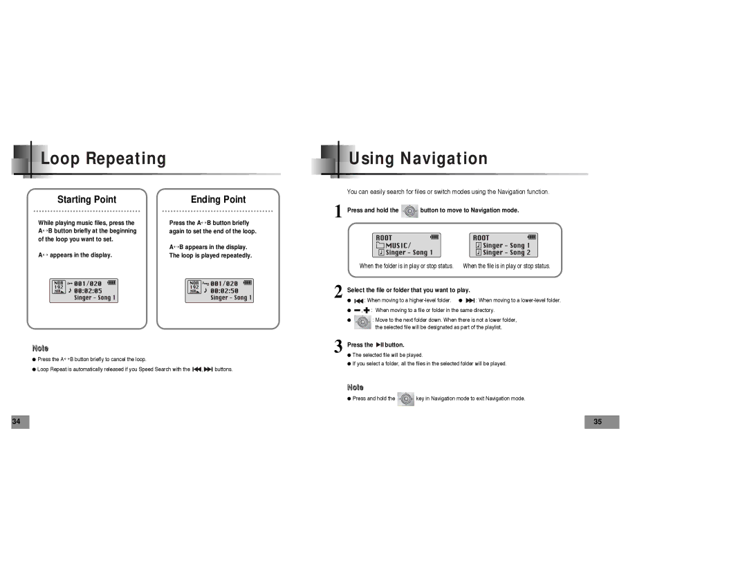 Samsung YP-T5 manual Loop Repeating, Using Navigation, Starting Point Ending Point 