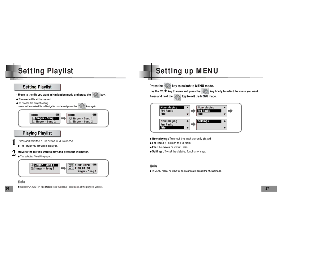 Samsung YP-T5 manual Setting Playlist, Setting up Menu, Playing Playlist 