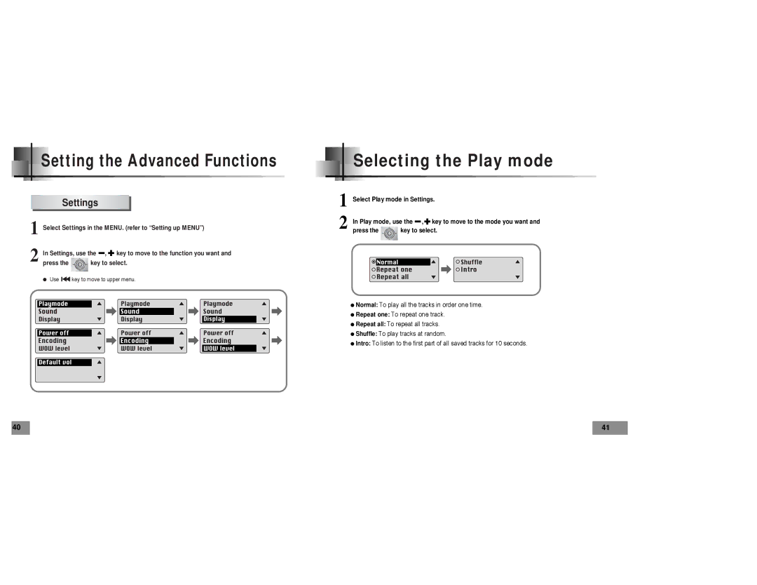 Samsung YP-T5 manual Selecting the Play mode, Settings 