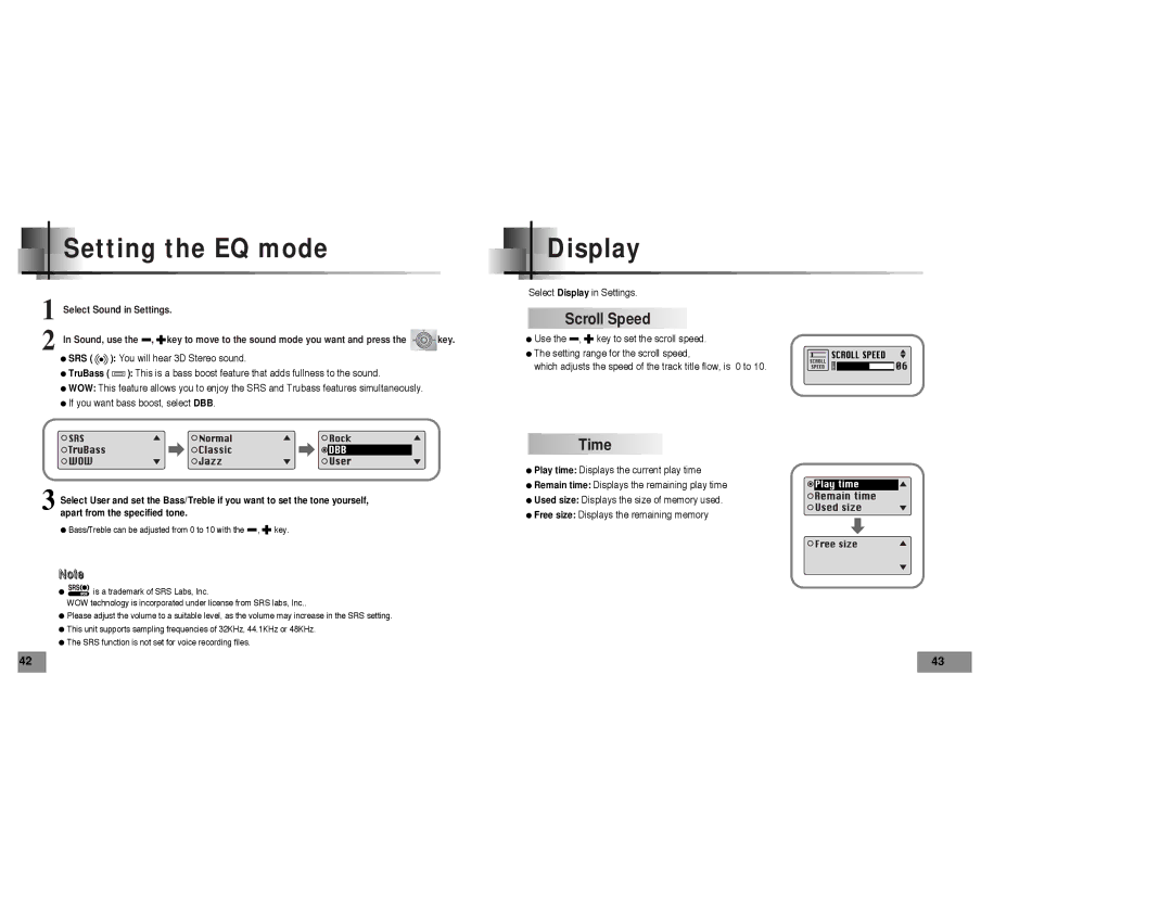 Samsung YP-T5 manual Setting the EQ mode Display, Scroll Speed, Time 