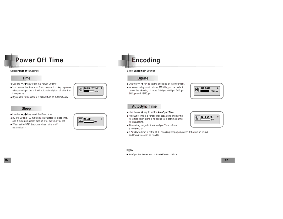 Samsung YP-T5 manual Power Off Time, Encoding, Sleep, Bitrate, AutoSync Time 