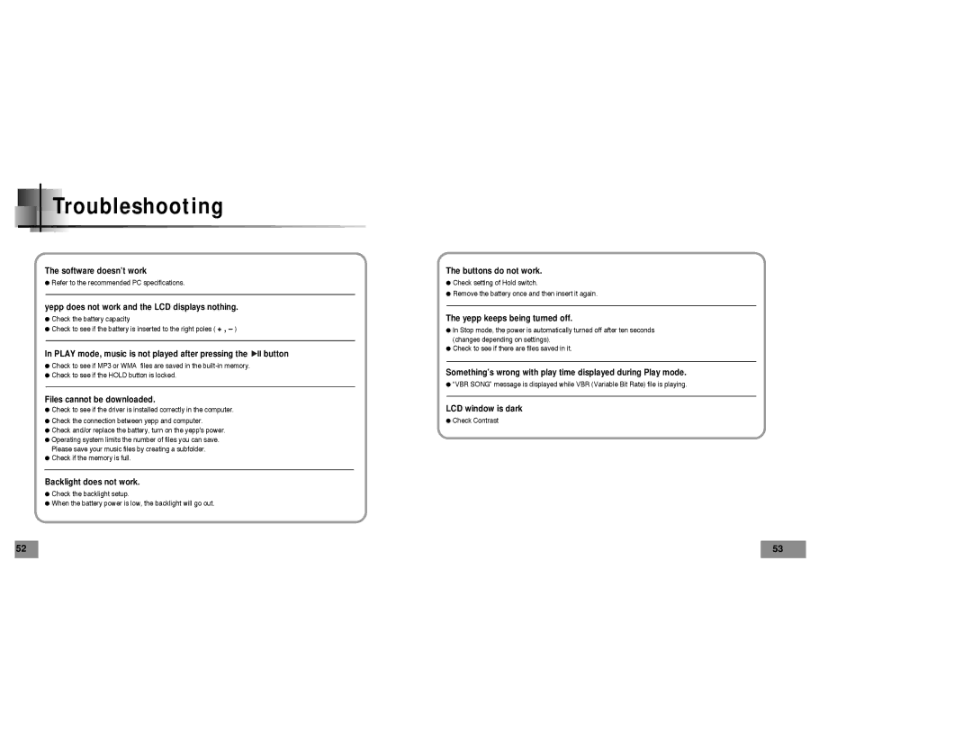 Samsung YP-T5 manual Troubleshooting 