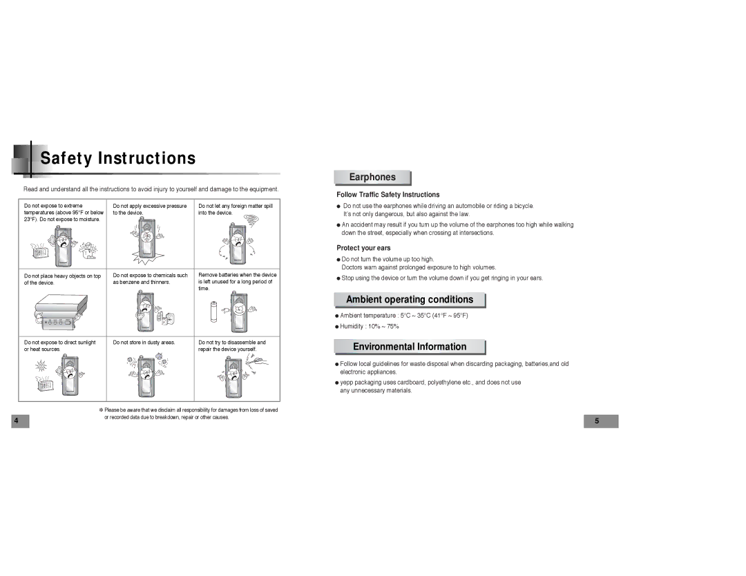 Samsung YP-T5 manual Earphones, Ambient operating conditions, Environmental Information 