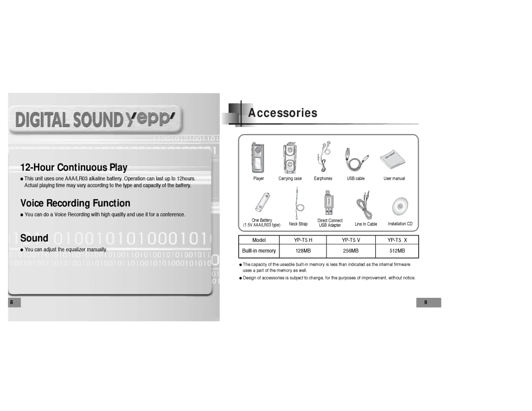 Samsung YP-T5 manual Accessories, Hour Continuous Play 