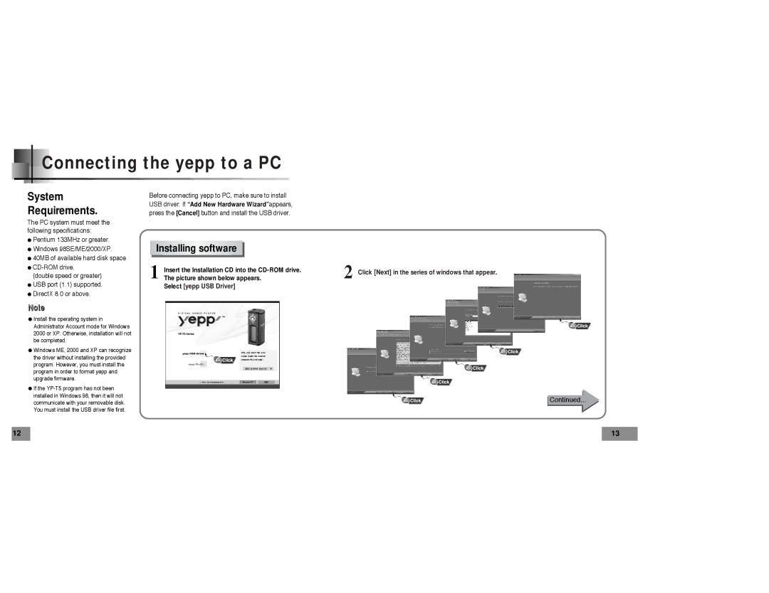 Samsung YP-T5 manual Connecting the yepp to a PC, Installing software 